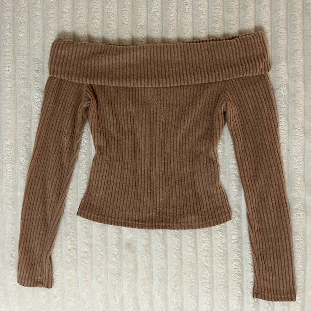 Off-Shoulder Ribbed Brown Sweater